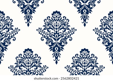 Damask seamless pattern,damask Ikat floral seamless pattern vector illustration,navy blue and white background,Aztec style,baroque pattern.design for texture,fabric,clothing,wrapping,decoration,print.