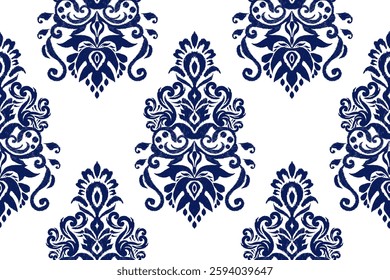 Damask seamless pattern,damask Ikat floral seamless pattern vector illustration,navy blue and white background,Aztec style,baroque pattern.design for texture,fabric,clothing,wrapping,decoration,print.