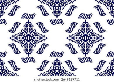 Damask seamless pattern,damask Ikat floral seamless pattern vector illustration,navy blue and white background,Aztec style,baroque pattern.design for texture,fabric,clothing,wrapping,decoration,print