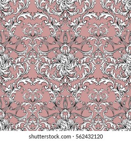 Damask seamless pattern.Floral  background wallpaper illustration with vintage antique decorative flowers,leaves and medieval baroque ornaments. Vector fabric texture.