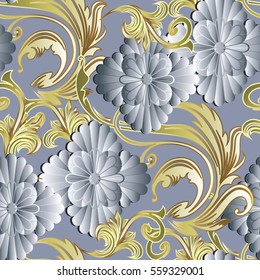 Damask seamless pattern.Floral light  background. Flowery  wallpaper with vintage decorative surface 3d white flowers, antique leaves and baroque ornaments.Flourish endless 3d fabric texture.