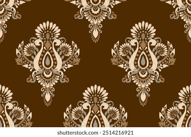 Damask seamless pattern,Ikat floral seamless pattern on brown background,vector illustration,Ikat ethnic oriental embroidery,Aztec style,baroque.design for texture,fab,clothing,decoration,fashion
