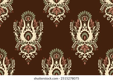 Damask seamless pattern,Ikat floral seamless pattern on brown background,vector illustration,Ikat ethnic oriental embroidery,Aztec style,baroque.design for texture,fab,clothing,decoration,fashion.