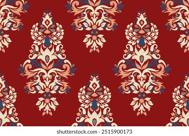 Damask seamless pattern,Ikat floral seamless pattern on red background,vector illustration,Ikat ethnic oriental embroidery,Aztec style,baroque.design for texture,fab,clothing,decoration,fashion.