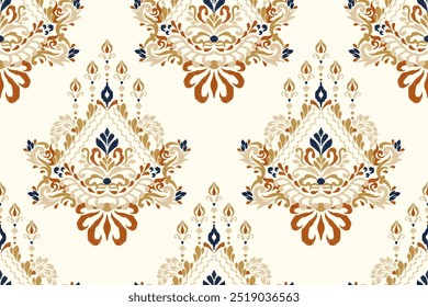 Damask seamless pattern,Ikat floral seamless pattern on white background,vector illustration,Ikat ethnic oriental embroidery,Aztec style,baroque.design for texture,fab,clothing,decoration,fashion.