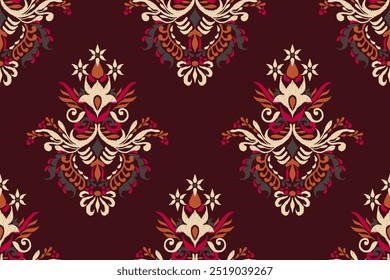 Damask seamless pattern,Ikat floral seamless pattern on brown background,vector illustration,Ikat ethnic oriental embroidery,Aztec style,baroque.design for texture,fab,clothing,decoration,fashion.