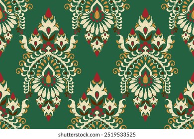 Damask seamless pattern,Ikat floral seamless pattern on green background,vector illustration,Ikat ethnic oriental embroidery,Aztec style,baroque.design for texture,fab,clothing,decoration,fashion.