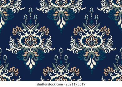 Damask seamless pattern,Ikat floral seamless pattern on navy blue background,vector illustration,Ikat ethnic oriental embroidery,Aztec style,baroque.design for texture,fab,clothing,decoration,fashion.