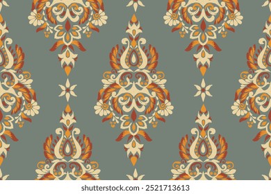 Damask seamless pattern,Ikat floral seamless pattern on green  background,vector illustration,Ikat ethnic oriental embroidery,Aztec style,baroque.design for texture,fab,clothing,decoration,fashion.