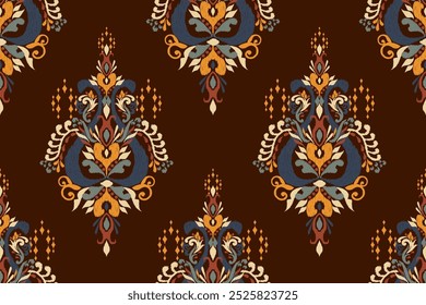 Damask seamless pattern,Ikat floral seamless pattern on brown background,vector illustration,Ikat ethnic oriental embroidery,Aztec style,baroque.design for texture,fab,clothing,decoration,fashion.