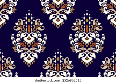 Damask seamless pattern,Ikat floral seamless pattern on navy blue background,vector illustration,Ikat ethnic oriental embroidery,Aztec style,baroque.design for texture,fab,clothing,decoration,fashion.