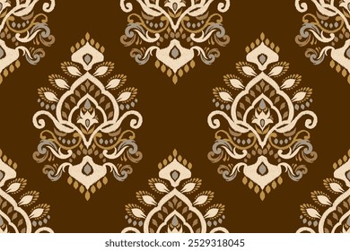 Damask seamless pattern,Ikat floral seamless pattern on brown background,vector illustration,Ikat ethnic oriental embroidery,Aztec style,baroque.design for texture,fab,clothing,decoration,fashion.