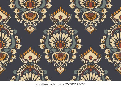 Damask seamless pattern,Ikat floral seamless pattern on blue background,vector illustration,Ikat ethnic oriental embroidery,Aztec style,baroque.design for texture,fab,clothing,decoration,fashion,print