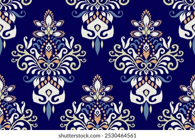 Damask seamless pattern,Ikat floral seamless pattern on blue background,vector illustration,Ikat ethnic oriental embroidery,Aztec style,baroque.design for texture,fab,clothing,decoration,fashion,print