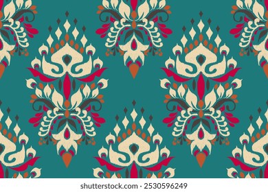 Damask seamless pattern,Ikat floral seamless pattern on green background,vector illustration,Ikat ethnic oriental embroidery,Aztec style,baroque.design for texture,fab,clothing,decoration,fashion,tile