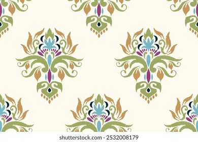 Damask seamless pattern,Ikat floral seamless pattern on white background,vector illustration,Ikat ethnic oriental embroidery,Aztec style,baroque.design for texture,fab,clothing,decoration,fashion.