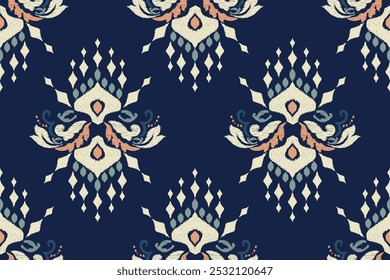 Damask seamless pattern,Ikat floral seamless pattern on navy blue background,vector illustration,Ikat ethnic oriental embroidery,Aztec style,baroque.design for texture,fab,clothing,decoration,fashion