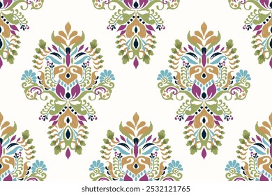 Damask seamless pattern,Ikat floral seamless pattern on white background,vector illustration,Ikat ethnic oriental embroidery,Aztec style,baroque.design for texture,fab,clothing,decoration,fashion.