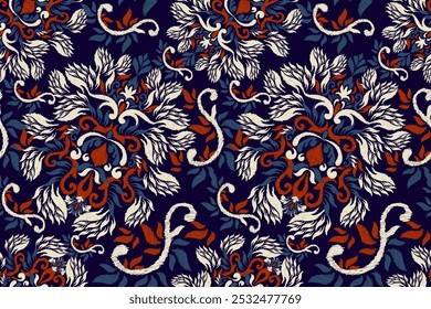 Modelo inconsútil del damasco, patrón inconsútil floral de Ikat en el fondo azul, Ilustración vectorial, bordado oriental étnico de Ikat, estilo azteca, barroco. diseño para la textura, fab, ropa, decoración, moda.