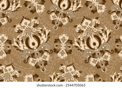 Damask seamless pattern,Ikat floral seamless pattern on brown background,vector illustration,Ikat ethnic oriental embroidery,Aztec style,baroque.design for texture,fab,clothing,decoration,fashion,tile