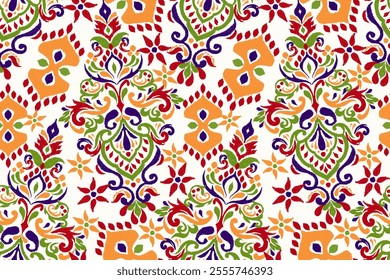 Damask seamless pattern,Ikat floral seamless pattern on white background,vector illustration,Ikat ethnic oriental embroidery,Aztec style,baroque.design for texture,fab,clothing,decoration,fashion,tile