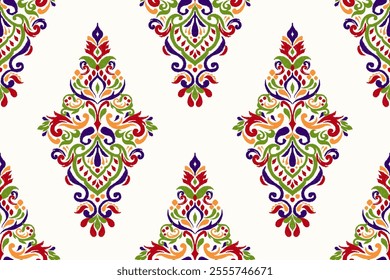 Damask seamless pattern,Ikat floral seamless pattern on white background,vector illustration,Ikat ethnic oriental embroidery,Aztec style,baroque.design for texture,fab,clothing,decoration,fashion.