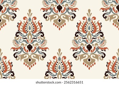 Damask seamless pattern,Ikat floral seamless pattern on white background,vector illustration,Ikat ethnic oriental embroidery,Aztec style,baroque.design for texture,fab,clothing,decoration,fashion