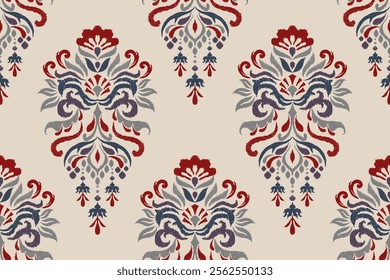 Damask seamless pattern,Ikat floral seamless pattern on brown background,vector illustration,Ikat ethnic oriental embroidery,Aztec style,baroque.design for texture,fab,clothing,decoration,fashion.
