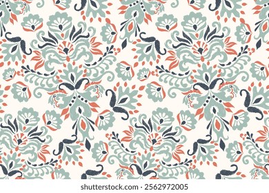 Damask seamless pattern,Ikat floral seamless pattern on white background,vector illustration,Ikat ethnic oriental embroidery,Aztec style,baroque.design for texture,fab,clothing,decoration,fashion,tile