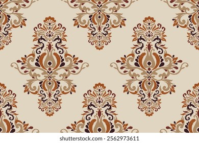 Damask seamless pattern,Ikat floral seamless pattern on brown background,vector illustration,Ikat ethnic oriental embroidery,Aztec style,baroque.design for texture,fab,clothing,decoration,fashion.