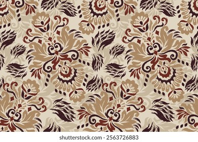 Damask seamless pattern,Ikat floral seamless pattern on brown background,vector illustration,Ikat ethnic oriental embroidery,Aztec style,baroque.design for texture,fab,clothing,decoration,fashion.