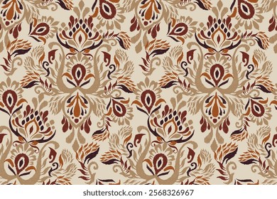 Damask seamless pattern,Ikat floral seamless pattern on brown background,vector illustration,Ikat ethnic oriental embroidery,Aztec style,baroque.design for texture,fab,clothing,decoration,fashion.