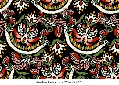 Damask seamless pattern,Ikat floral seamless pattern on black background,vector illustration,Ikat ethnic oriental embroidery,Aztec style,baroque.design for texture,fab,clothing,decoration,fashion,tile