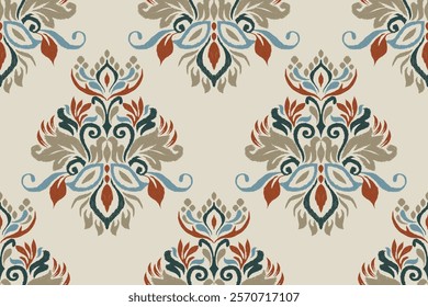 Damask seamless pattern,Ikat floral seamless pattern on brown background,vector illustration,Ikat ethnic oriental embroidery,Aztec style,baroque.design for texture,fab,clothing,decoration,fashion.