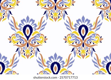 Damask seamless pattern,Ikat floral seamless pattern on white background,vector illustration,Ikat ethnic oriental embroidery,Aztec style,baroque.design for texture,fab,clothing,decoration,fashion.