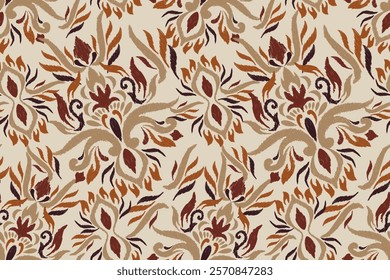 Damask seamless pattern,Ikat floral seamless pattern on brown background,vector illustration,Ikat ethnic oriental embroidery,Aztec style,baroque.design for texture,fab,clothing,decoration,fashion.