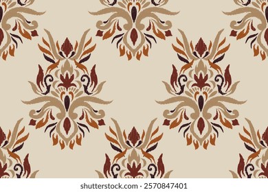 Damask seamless pattern,Ikat floral seamless pattern on brown background,vector illustration,Ikat ethnic oriental embroidery,Aztec style,baroque.design for texture,fab,clothing,decoration,fashion.