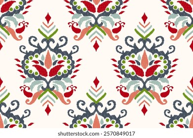 Damask seamless pattern,Ikat floral seamless pattern on white background,vector illustration,Ikat ethnic oriental embroidery,Aztec style,baroque.design for texture,fab,clothing,decoration,fashion.