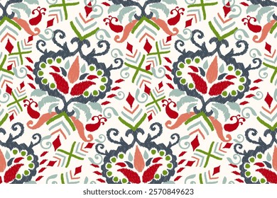 Damask seamless pattern,Ikat floral seamless pattern on white background,vector illustration,Ikat ethnic oriental embroidery,Aztec style,baroque.design for texture,fab,clothing,decoration,fashion,tile