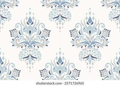 Damask seamless pattern,Ikat floral seamless pattern on white background,vector illustration,Ikat ethnic oriental embroidery,Aztec style,baroque.design for texture,fab,clothing,decoration,fashion.