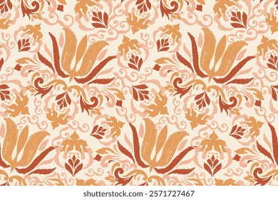 Damask seamless pattern,Ikat floral seamless pattern on cream background,vector illustration,Ikat ethnic oriental embroidery,Aztec style,baroque.design for texture,fab,clothing,decoration,fashion.