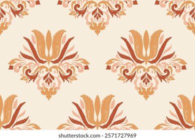 Damask seamless pattern,Ikat floral seamless pattern on cream background,vector illustration,Ikat ethnic oriental embroidery,Aztec style,baroque.design for texture,fab,clothing,decoration,fashion.