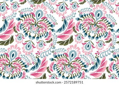 Damask seamless pattern,Ikat floral seamless pattern on white background,vector illustration,Ikat ethnic oriental embroidery,Aztec style,baroque.design for texture,fab,clothing,decoration,fashion,tile