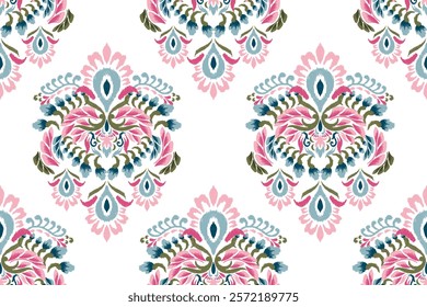 Damask seamless pattern,Ikat floral seamless pattern on white background,vector illustration,Ikat ethnic oriental embroidery,Aztec style,baroque.design for texture,fab,clothing,decoration,fashion,tile