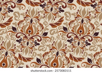 Damask seamless pattern,Ikat floral seamless pattern on brown background,vector illustration,Ikat ethnic oriental embroidery,Aztec style,baroque.design for texture,fab,clothing,decoration,fashion.