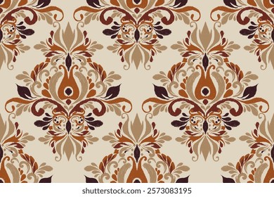 Damask seamless pattern,Ikat floral seamless pattern on brown background,vector illustration,Ikat ethnic oriental embroidery,Aztec style,baroque.design for texture,fab,clothing,decoration,fashion.