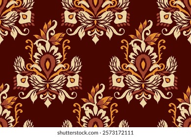 Damask seamless pattern,Ikat floral seamless pattern on brown background,vector illustration,Ikat ethnic oriental embroidery,Aztec style,baroque.design for texture,fab,clothing,decoration,fashion.