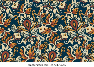 Damask seamless pattern,Ikat floral seamless pattern on blue background,vector illustration,Ikat ethnic oriental embroidery,Aztec style,baroque.design for texture,fab,clothing,decoration,fashion,print