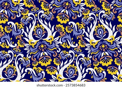 Damask seamless pattern,Ikat floral seamless pattern on blue background,vector illustration,Ikat ethnic oriental embroidery,Aztec style,baroque.design for texture,fab,clothing,decoration,fashion,print