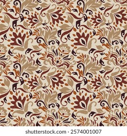 Damask seamless pattern,Ikat floral seamless pattern on brown background,vector illustration,Ikat ethnic oriental embroidery,Aztec style,baroque.design for texture,fab,clothing,decoration,fashion,tile